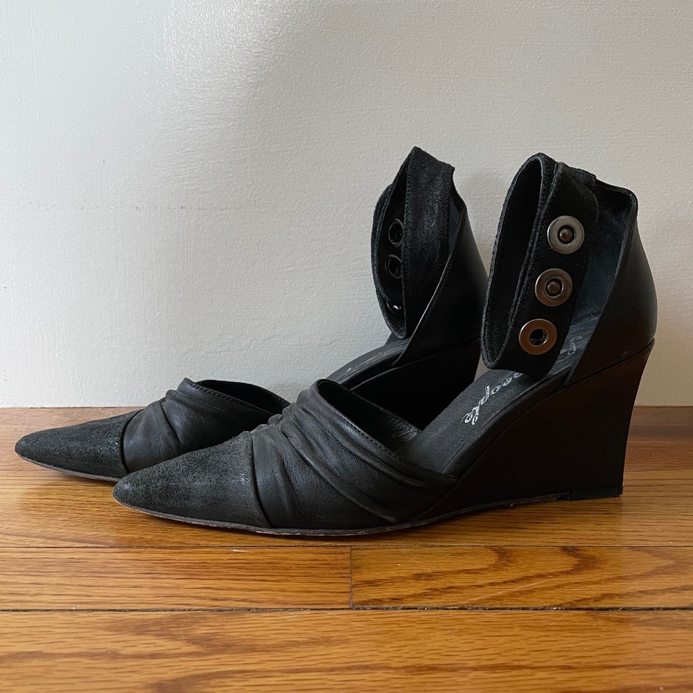 Free People Shadow Dancer Black Leather Wedge Shoes